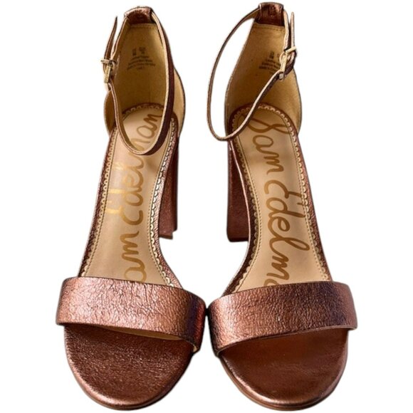 Sam Edelman Yaro Ankle Strap Heeled Crinkle Leather Sandals - Copper - 9 - Picture 3 of 14